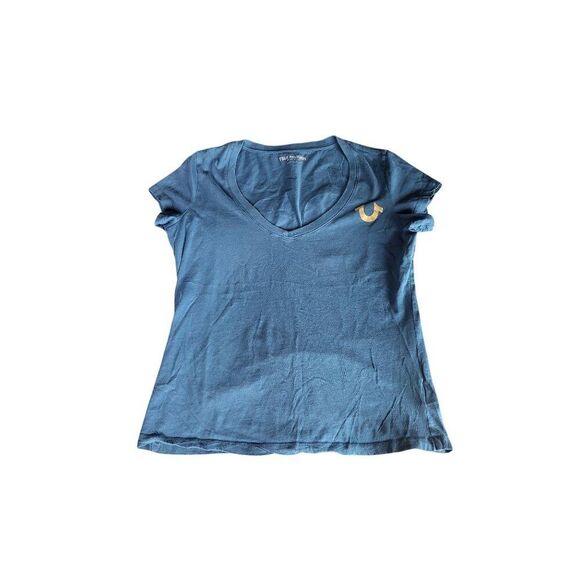 True Religion Victorious True Slim V Neck Tshirt Women Sz M‎ Poseidon Designer - Picture 1 of 9